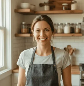 portrait of a smiling woman with her dark hair tied back, wearing a light grey t-shirt and a dark denim apron. She is standing in a sunlit kitchen, with a jar of grains and red tomatoes on a wooden counter in front of her. In the background are white subway tile walls, open wooden shelves filled with glass jars, and a window to the left.